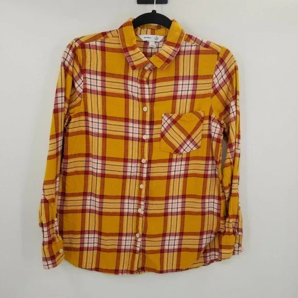 Old navy women medium plaid flannel button up shirt mustard yellow burgundy red - Picture 10 of 12